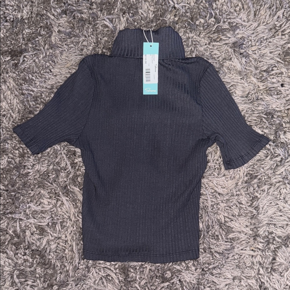 Shore Gray Ribbed Short Sleeve Turtleneck Crop Top